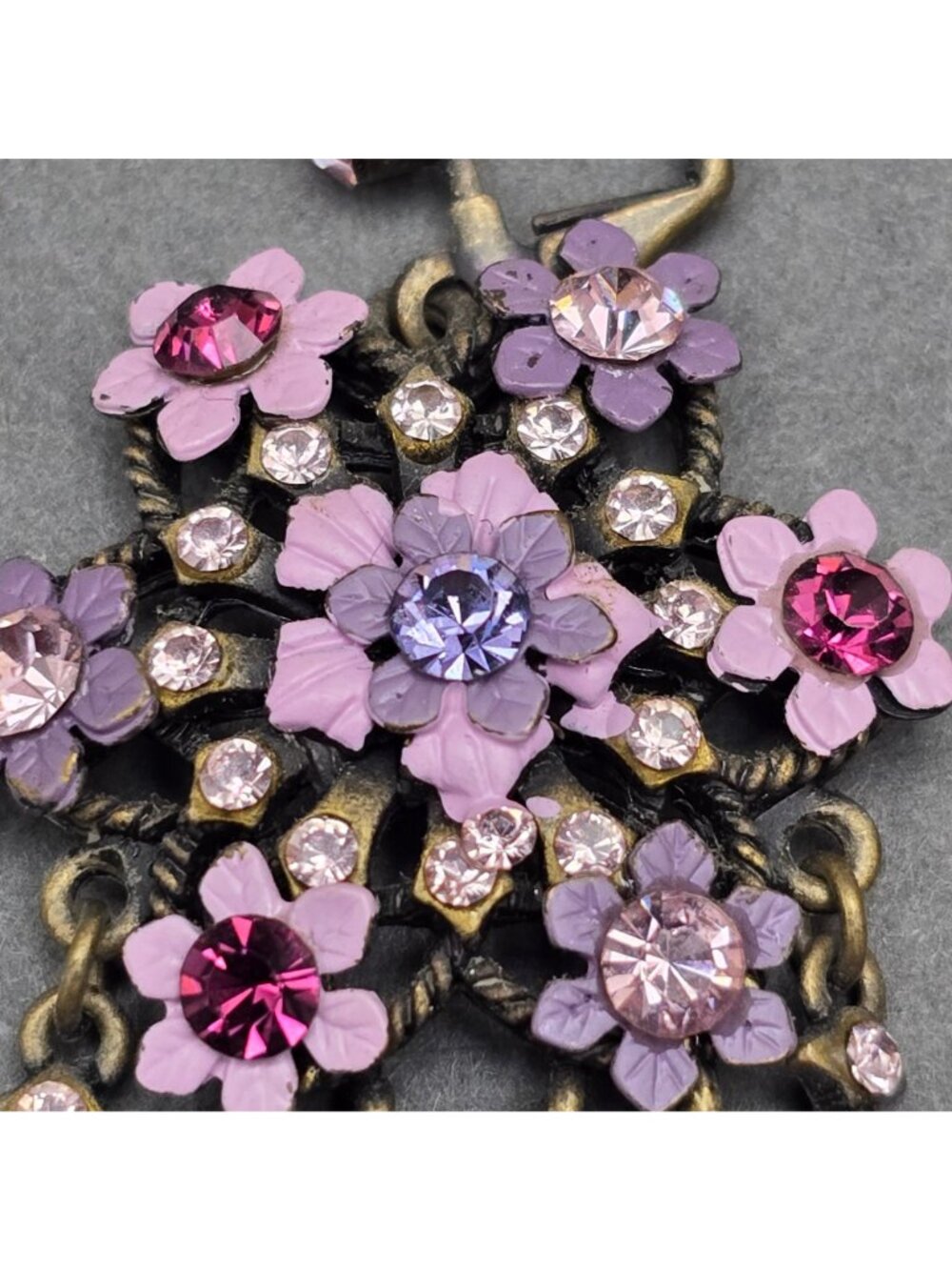 Vintage Michal Negrin Brass Dangle Earrings 4.75" Pastel Floral Crystal Drop - Picture 6 of 11